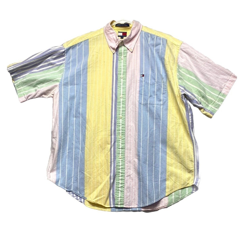 Vtg Tommy Hilfiger Shirt Mens X-Large Multicolor Cotton Striped Pocket Button